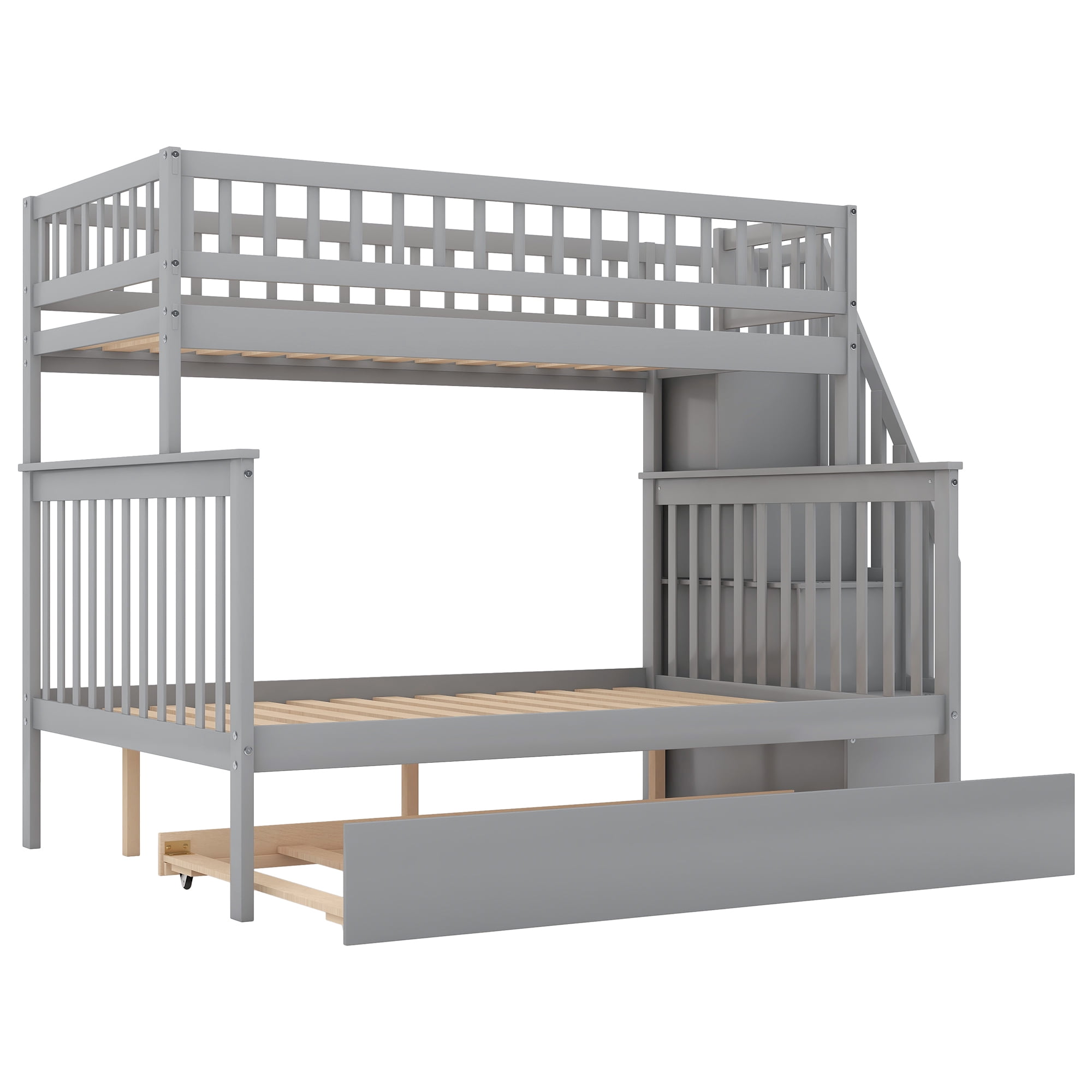 EUROCO Twin over Full Bunk Bed with Twin Trundle Bed and Storage Shelves for Kids, Three Beds with Storage for Kids Teens Adults, Gray