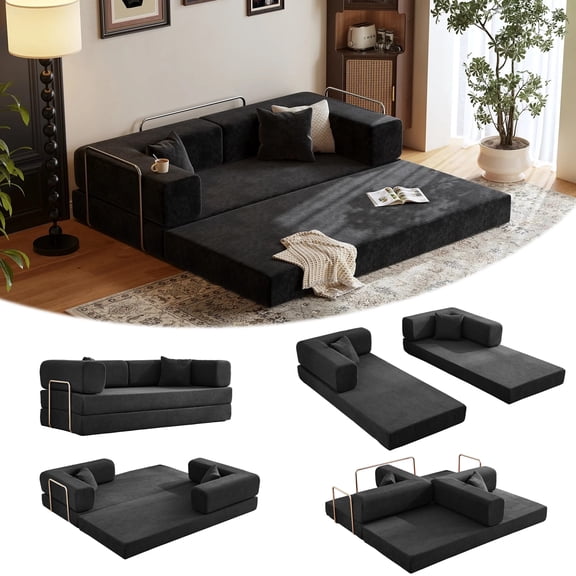Convertible Sofa Bed, 80.3" 5-in-1 Large Futon Sofa Bed with 2 Pillows, Corduroy Cloud Boneless Couch for Living Room