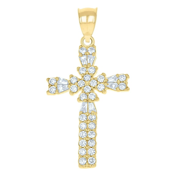 10kt Real Yellow Gold Womens Mens Round Cubic Zirconia Cubic-Zirconia Cross Religious Charm Pendant