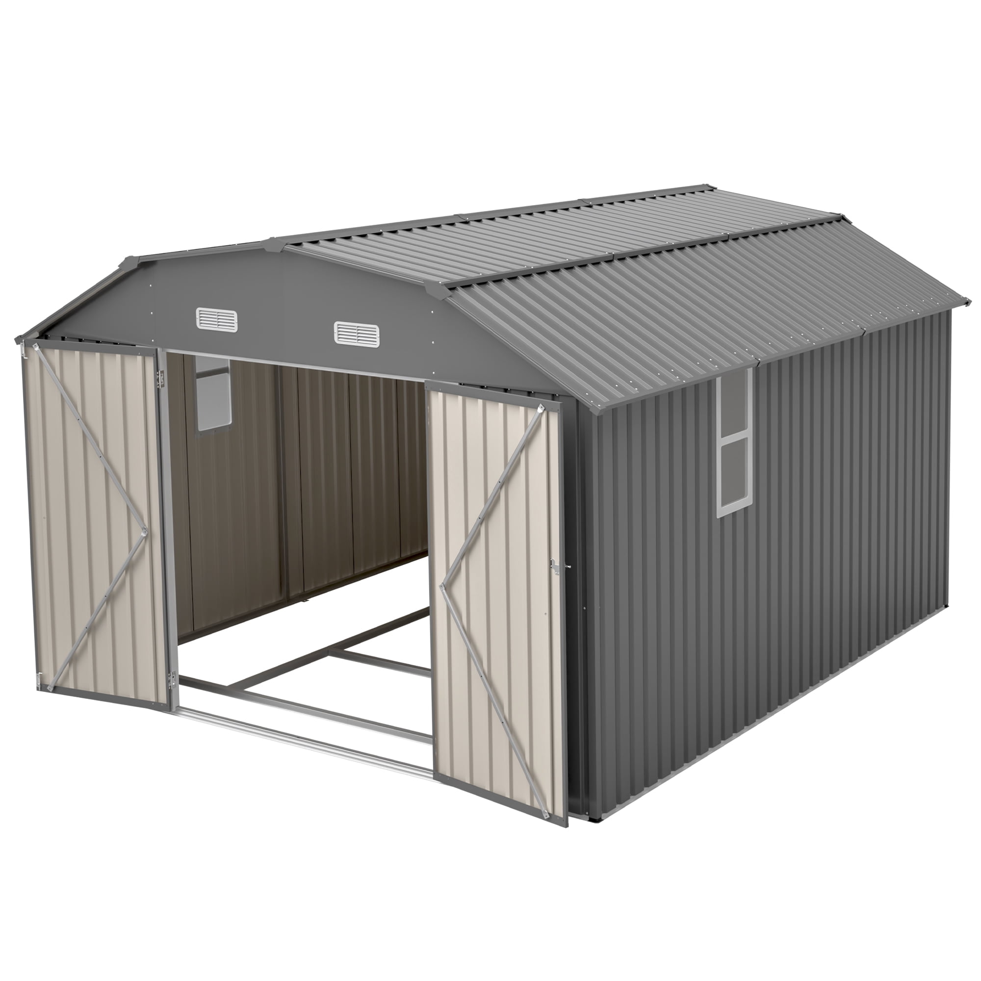 LZBEITEM 10' x 12' Metal Outdoor Storage Shed with Floor Frame Kit, Tool Shed Heavy Duty with Window and Lockable Door for Garden Backyard, 10.24 Psf