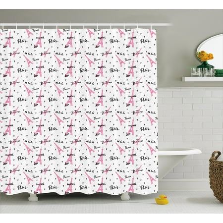 Paris France Tower - Paris Shower Curtain, European Vibes Eiffel Tower with French Quote Je T'aime Romance Heart Figures, Fabric Bathroom Set with Hooks, 69W X 70L Inches, Baby Pink White, by Ambesonne