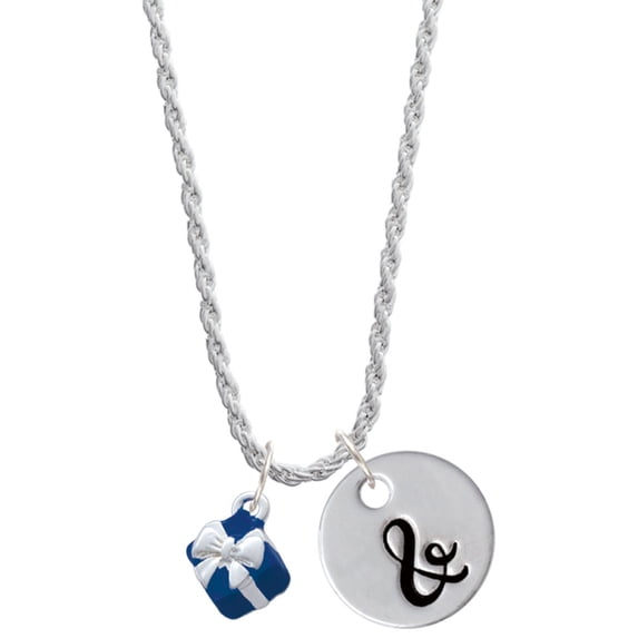 Delight Jewelry Silvertone Small 3-D Blue Present Box with Bow Silvertone Script Initial Disc - & - Charm Necklace, 20"+3"