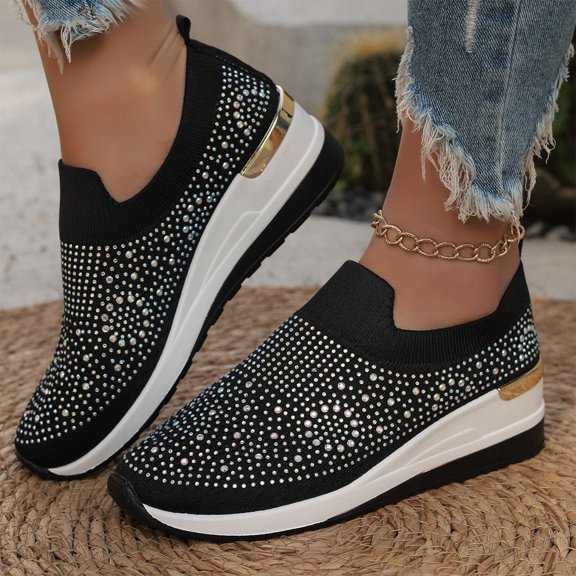 Women's Breathable Mesh Rhinestone Sneakers, Slip On Glitter Sneakers with Arch Support, Lightweight Wedge Platform Rhinestone Shoes, Casual Glam Rhinestone Sneakers, 41
