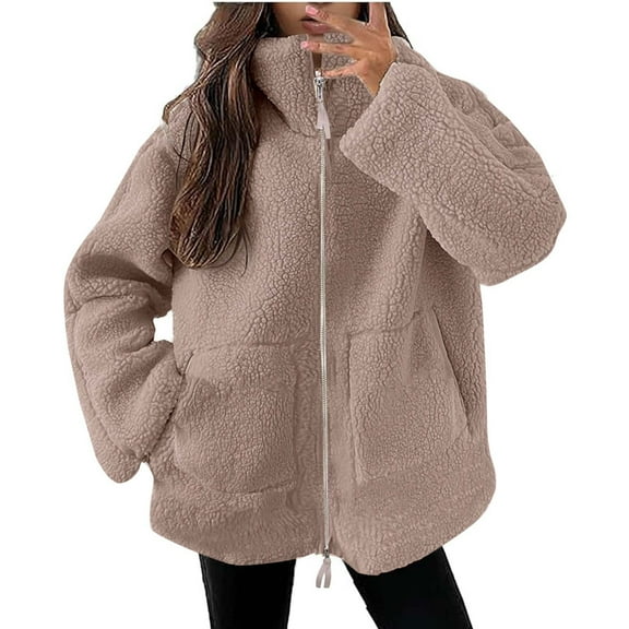 RYRJJ Womens Oversized Sherpa Fleece Jacket Casual Zip Up Teddy Coat Winter Warm Stand Collar Fuzzy Outerwear with Pockets(Brown,L)