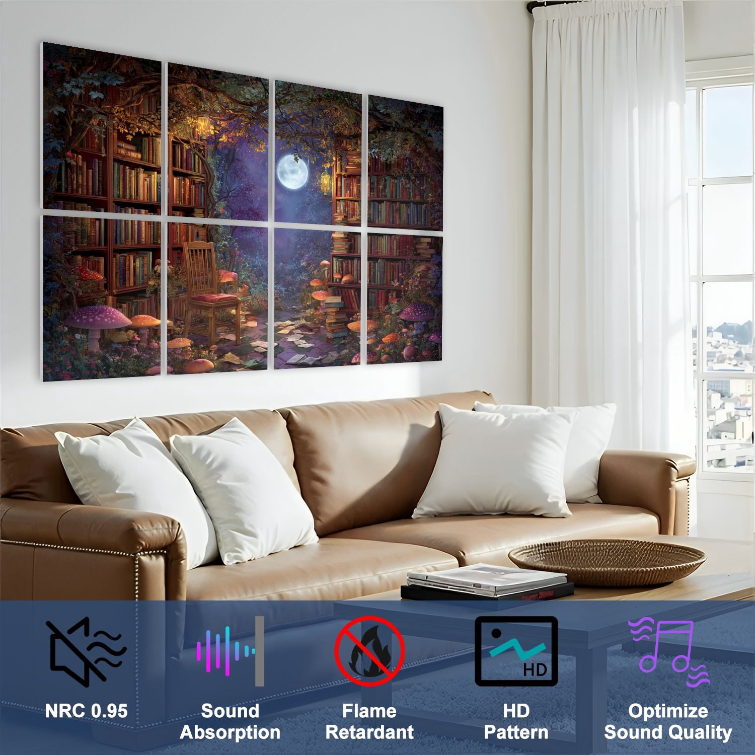 8 Pack Art Acoustic Panels Fantasy Forest Aesthetic Witchy Fairy Mushroom Moon Vintage Library Self Adhesive Sound Absorbing Panels for Home Office Studio Media Room 48"x32"