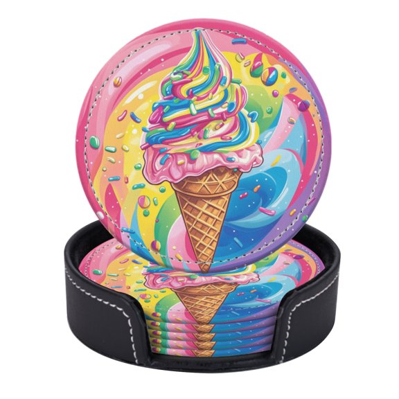 PU Leather Coasters for Drinks Bar Beer,Set of 6 with Holder,Round Housewarming Gift,Colorful Ice Cream Cone