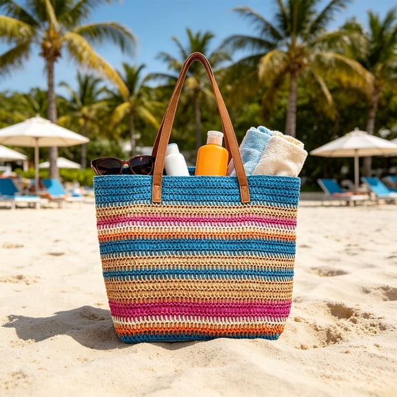 Fmbmuo Beach Tote Bags for Women Straw Woven Shoulder Bag, Cute Colorful Summer Crochet Bag Shoulder Purse Beach Bag Gift