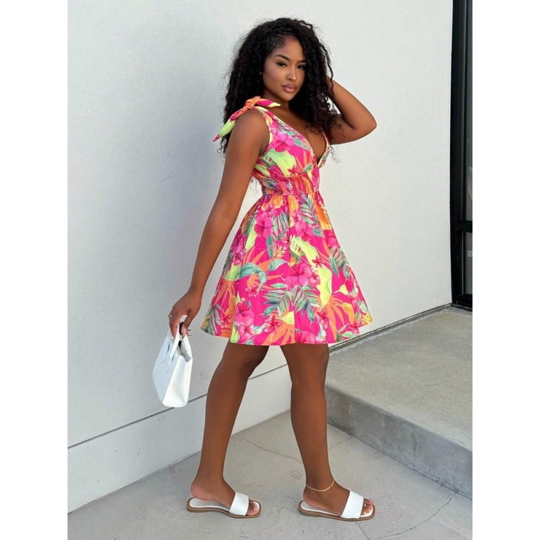 Hot Pink Floral Print V-Neck Sleeveless Mini Dress For Women, Boho Chic Summer Vacation Outfit