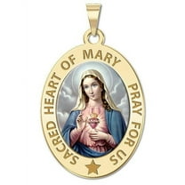 Sacred Heart of Mary Religious Medal Color  - 1/2 X 2/3 Inch Size of Dime, Solid 14K Yellow Gold