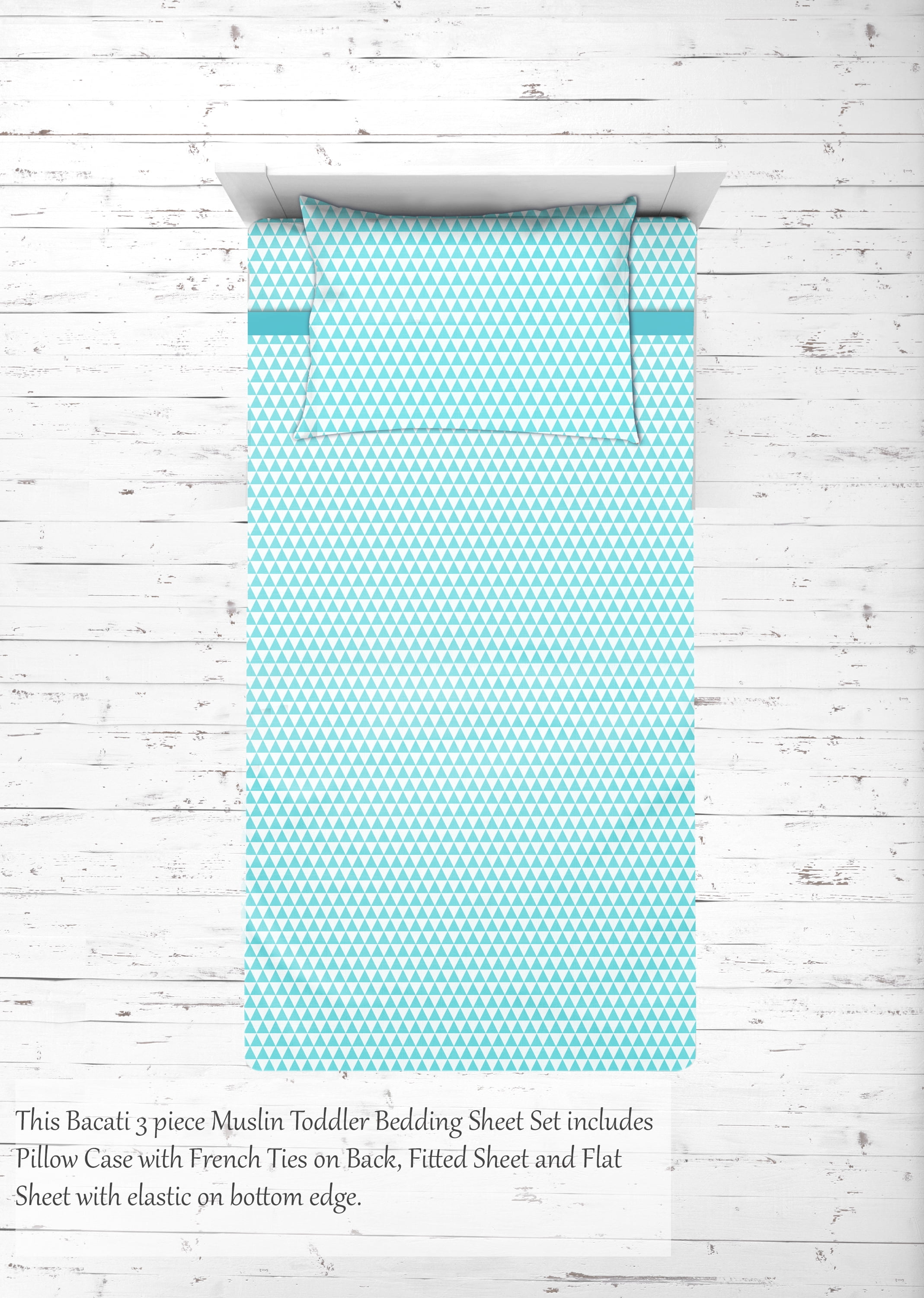 Bacati Aztec Aqua/Navy 3-Piece 100% Cotton Muslin Toddler Bedding Sheet Set, Triangles