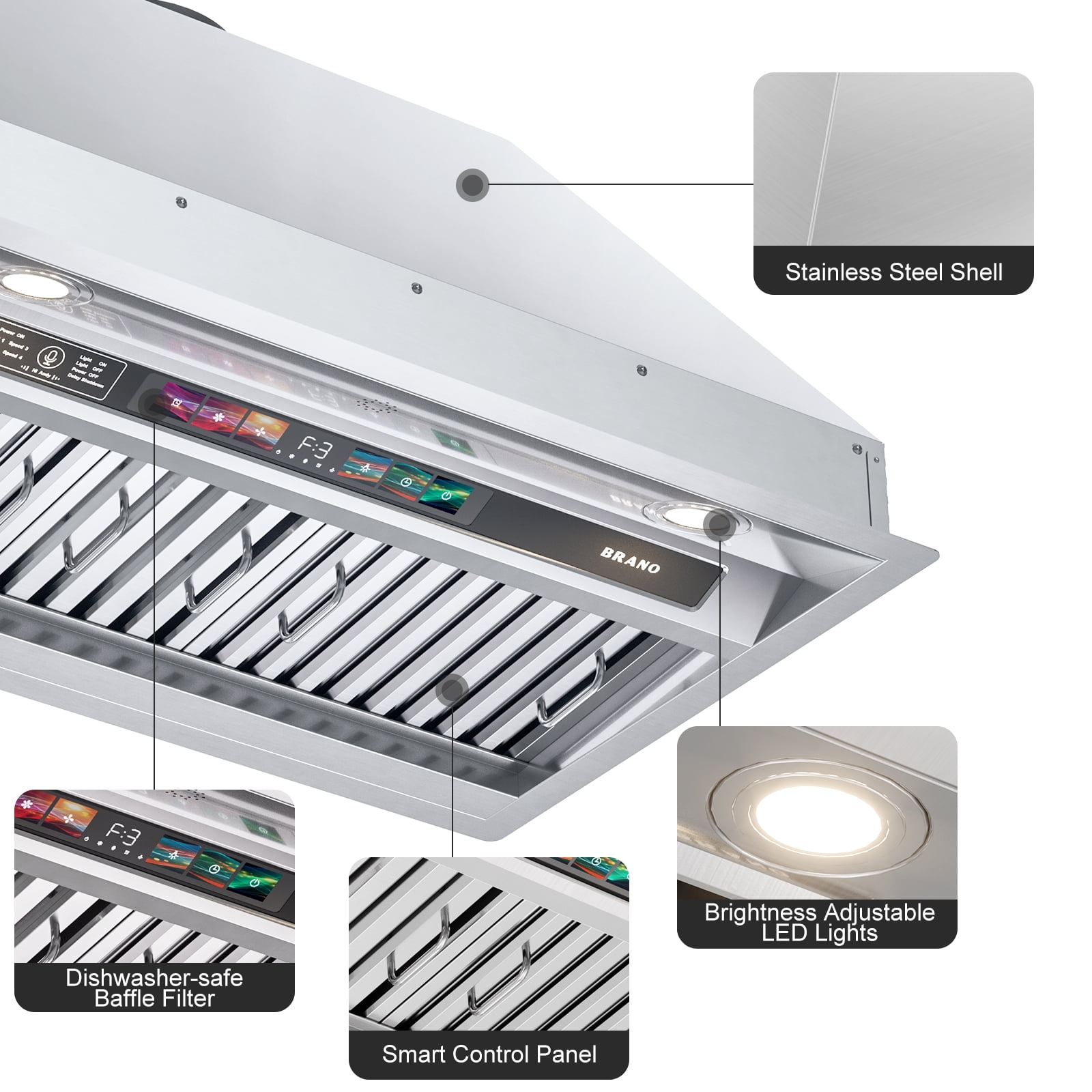 BRANO 30 Inch Insert Range Hood with Voice/Gesture/Touch Control, 900 CFM Built-in Kitchen Hood Vent with 4 Speed Exhaust Fan