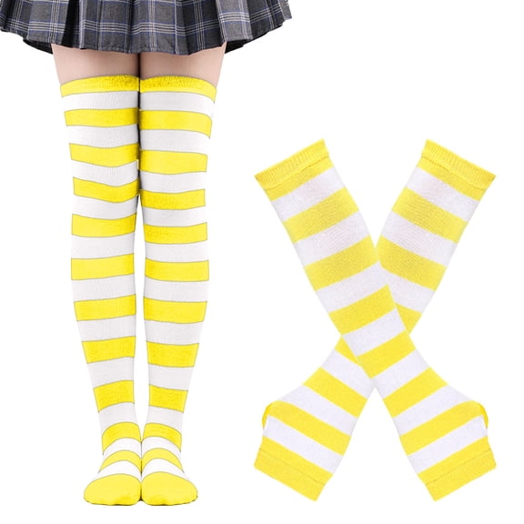 BRICH Women's Arm Warmers and Leg Warmers Striped Thigh High Socks Fingerless Gloves Stockings Yellow One Size