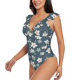thumbnail image 3 of Yiaed Blue Flower Print Women's Ruffled One Piece Swimsuit V Neck Swimwear Slimming Monokini for Woman-Medium, 3 of 8