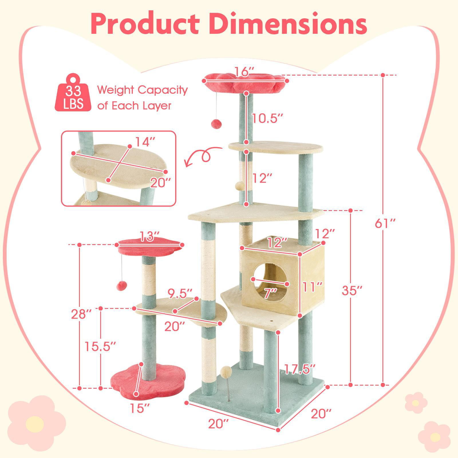 Barara King 61 Inch Tall Multi-Level Aesthetic Floral Cat Tower, Cat Tree with Flower-Shaped Plush Padded Perch, Modern Cat Tower Tree for Indoor Cats, Multicolor