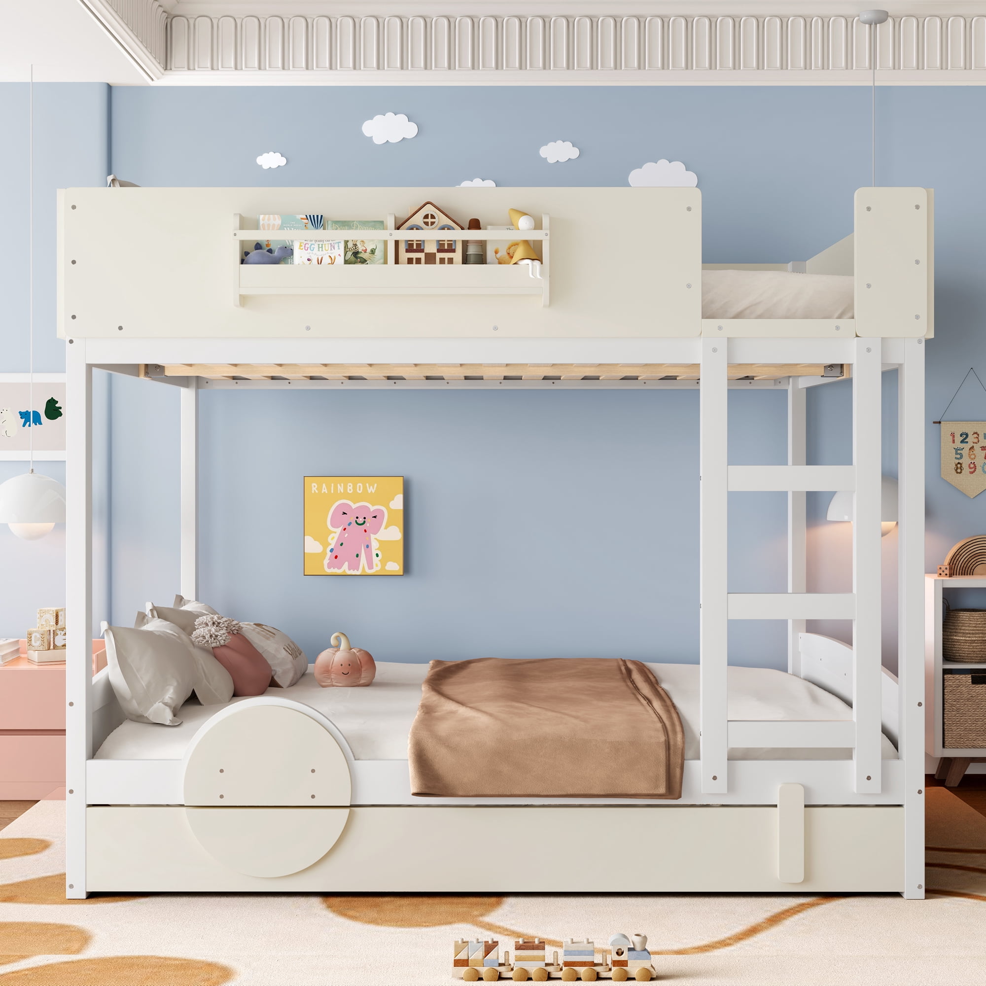 Mintazer Queen Over Queen Car Themed Bunk Bed with Trundle & Bookshelf, Modern Bunk Bed with Guardrail for Kids, White & Beige