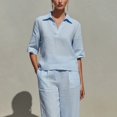 thumbnail image 2 of Morttic Women's Solid Color 2 Piece Set – Lapel V-Neck Short Sleeve Top & High Waist Wide Leg Pants Casual Spring Summer Outfit Light Blue，S, 2 of 4