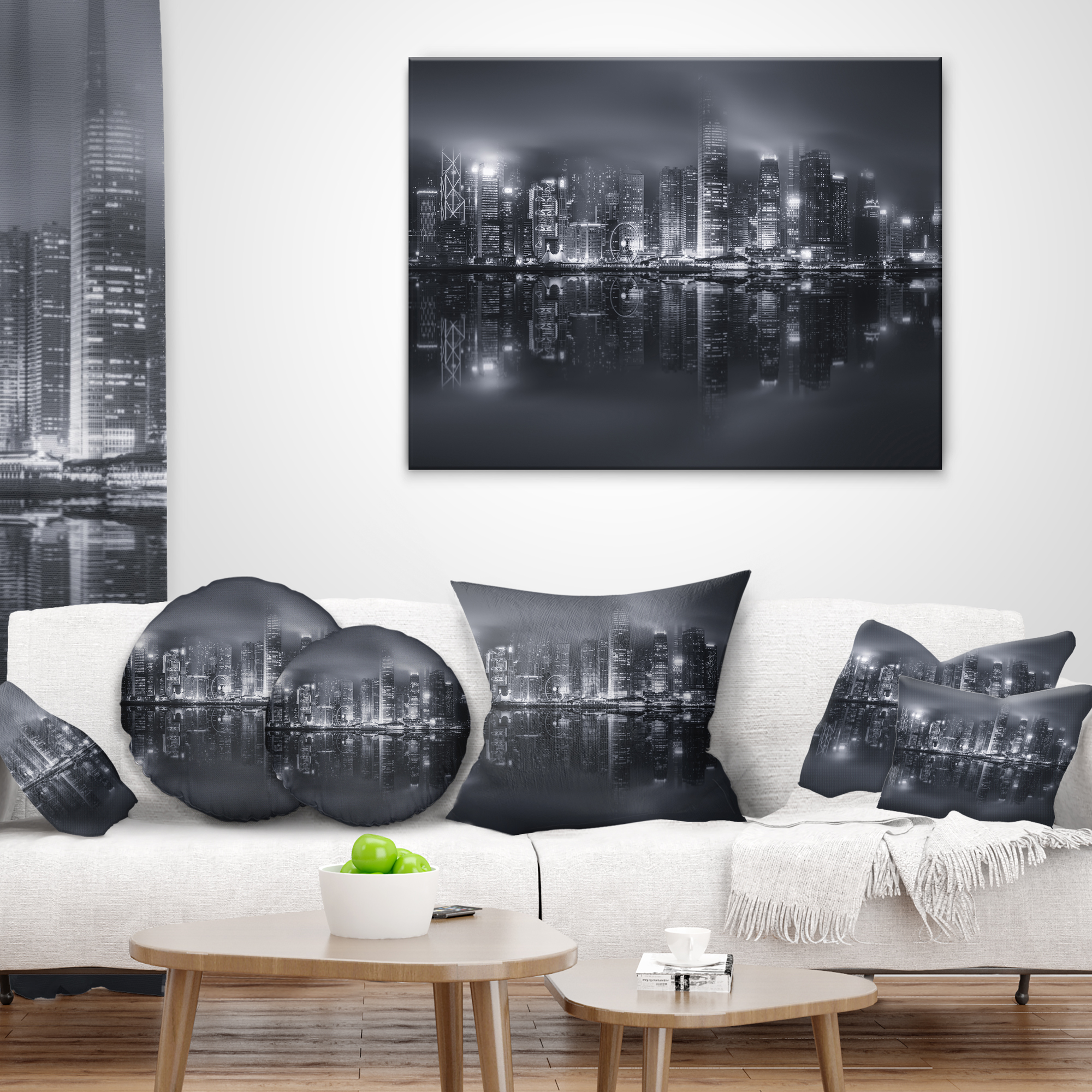 Designart Hong Kong Black and White Skyline - Cityscape Throw Pillow - 18x18