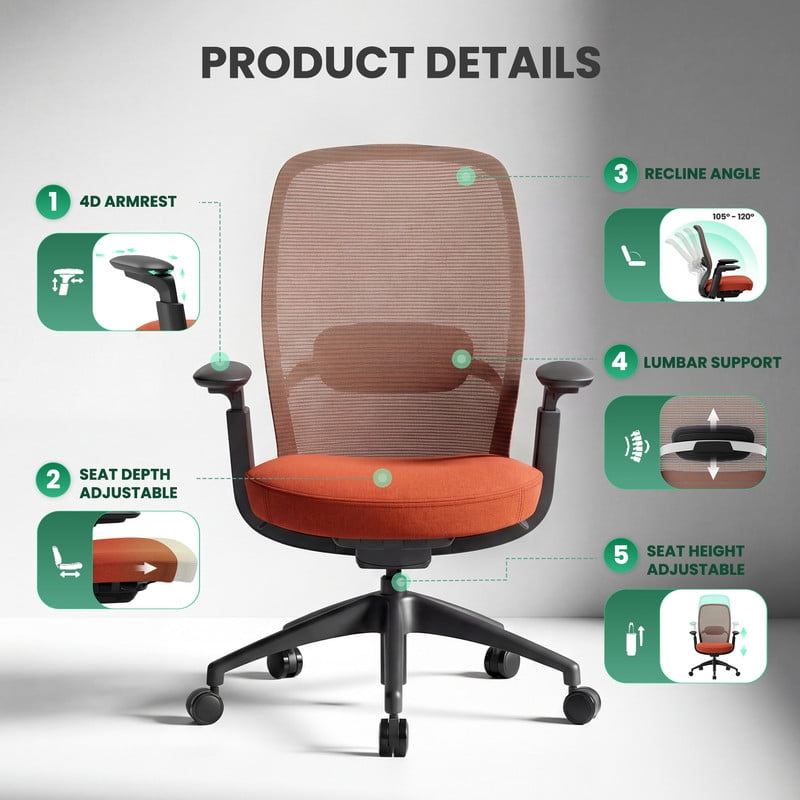 COLAMY Aether Ergonomic Mesh Office Chair, One-Touch Easy Adjust Managerial Desk Chair with Levitating Seat Cushion & Pilot-Level Sync Armrests, 300 LBS Mid Back Mesh Computer Chair, Orange