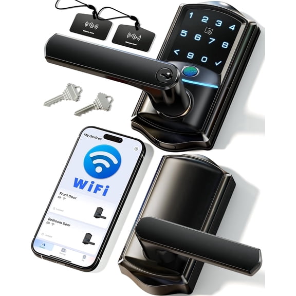 Veise WiFi Smart Lever Lock, Fingerprint Keyless Entry Door Lock with Handle, Built-in WiFi, Remote App Control, IP65 Waterproof, Matte Black