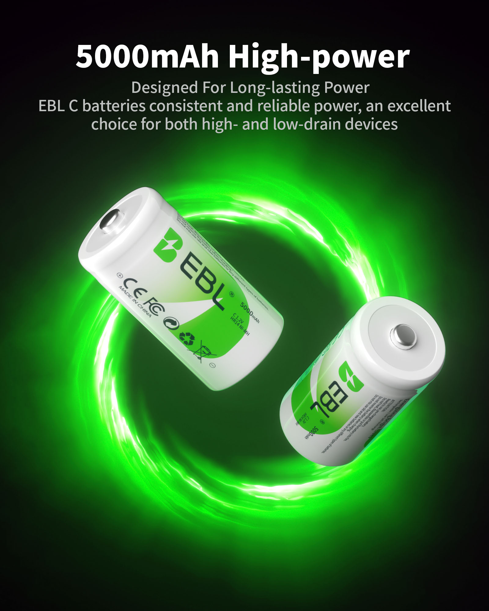 EBL 8-Pack 5000mAh Size C Cell Rechargeable Batteries with LCD Battery Charger for AA AAA 9V C D Ni-CD Ni-MH Battery