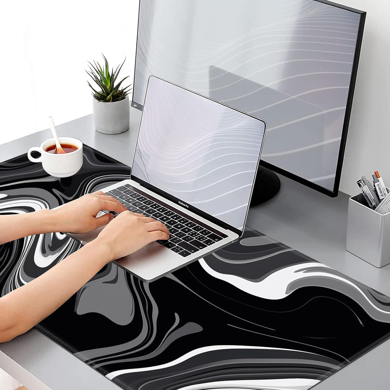 Gaming Mouse Pad, Keyboard Mouse Pad 31.5x15.7 inch XXL Large Computer Laptop Cool Desk Mat with Non-Slip Rubber Base and Stitched Edge for Home Office Work, Black Grey Swirling Liquid
