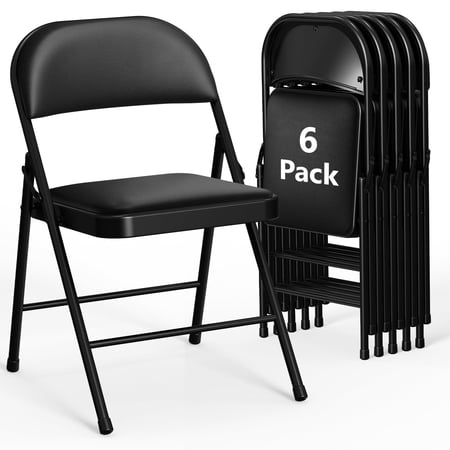WASUHE Padded Folding Chairs Set of 6, Portable Lightweight Stackable Chairs for Office, Party, Wedding & Events, Black Leather