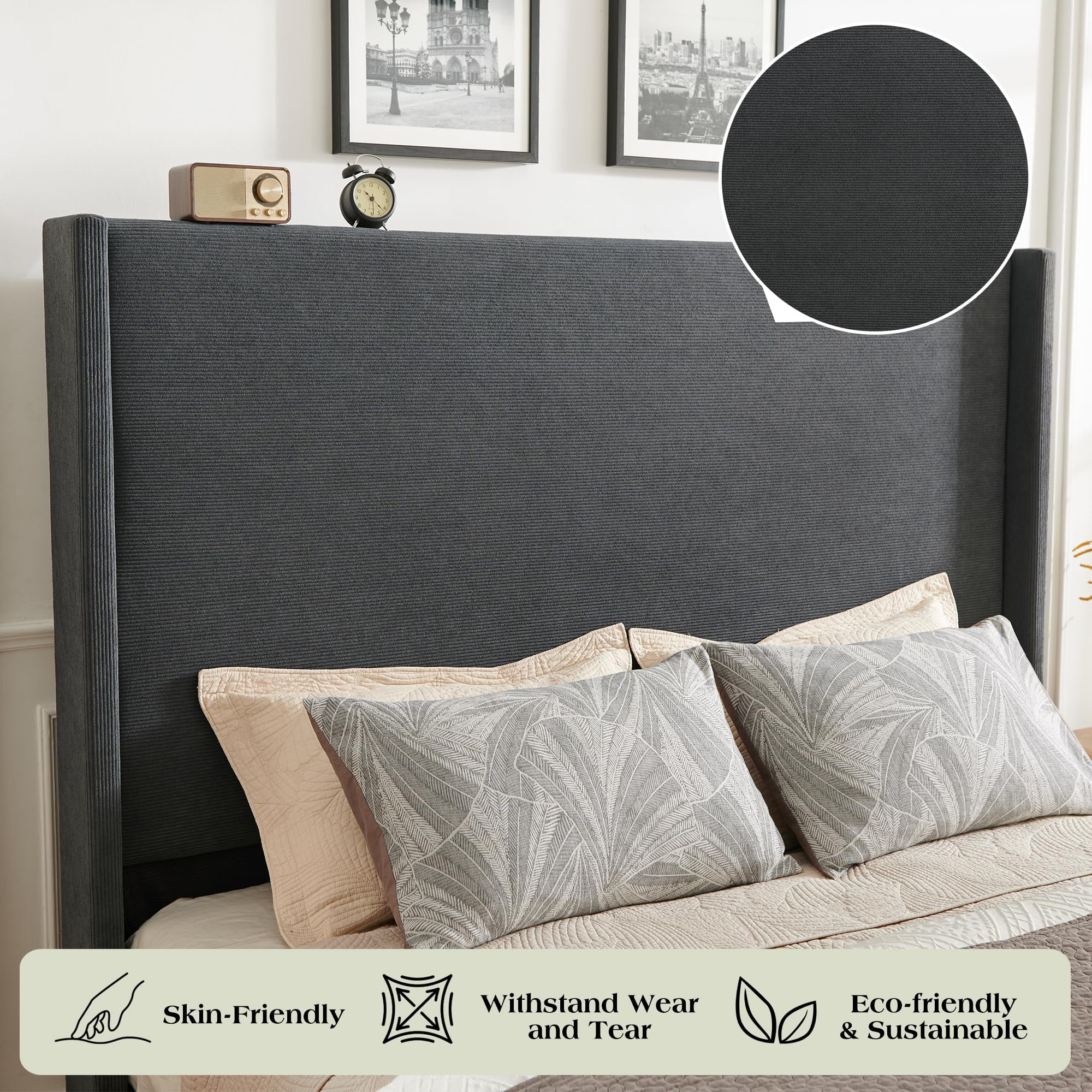 VanAcc King Bed Frame with 65" Tall Headboard, Horizontal Fine Corduroy Bed Frame with Upholstered Wingback, Vintage Solid Wood Gourd Legs, Black