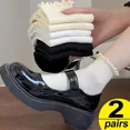 thumbnail image 3 of 4pcs Socks For Women Cute Summer Japanese Style Breathable Girls Short Socks Kawaii Solid Color Frilly Ruffle Socks Casual Sweet 2pair-Black Short, 3 of 6