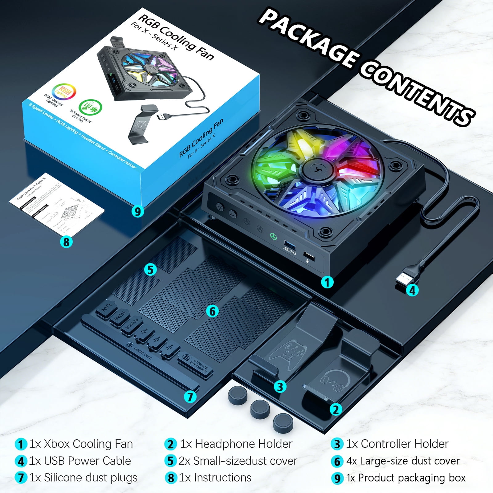 Arcticwind Cooling fan for Xbox Series X console, low-noise top fan with 3-speed settings, dustproof, Independent touch switch,featuring 6 RGB LED lighting modes, USB port, and headphone stand
