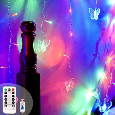 LNKOO Butterfly Curtain Fairy Lights USB Plug in 8 Modes 120 LED 14.8FT Firefly Twinkle Timer String Lights with Remote Waterproof Wire for Bedroom Patio Christmas Wedding Party Decoration