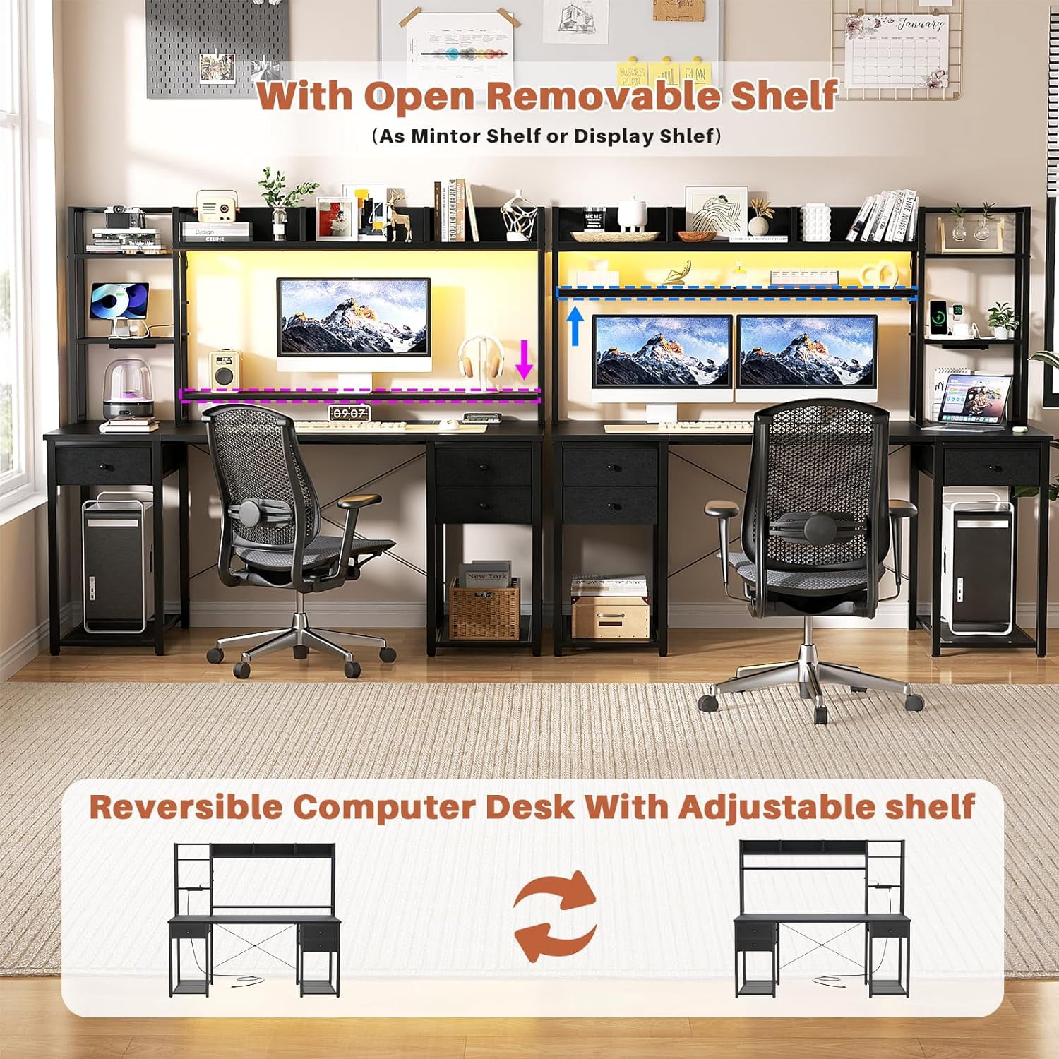 Homieasy Desk with Hutch & Power Outlets, 55.2'' Computer Gaming Desk with LED Lights and Drawers, Reversible Office Desk with Storage Shelves, Workstation Desk for Home & Office, Black