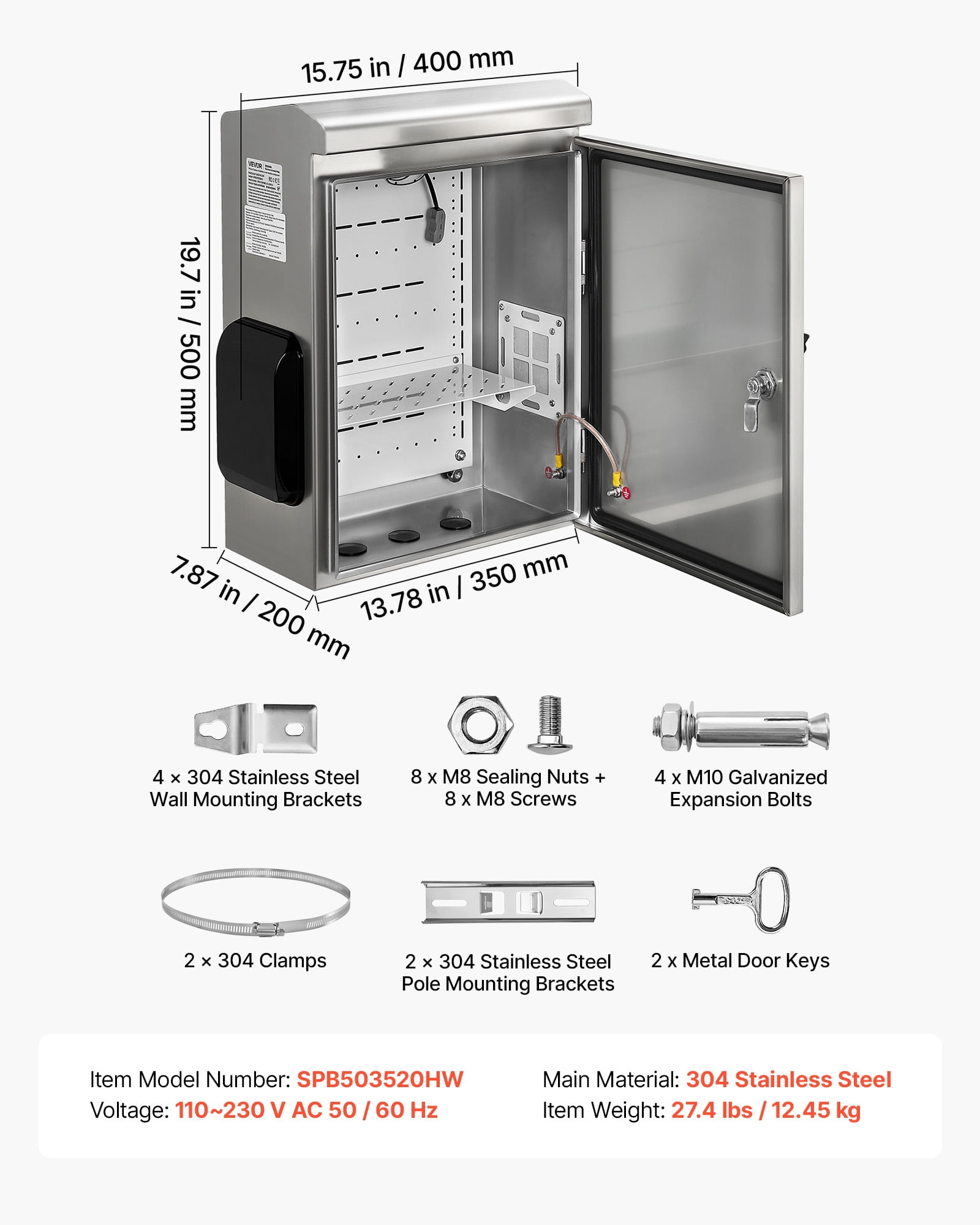 VEVOR Outdoor Electrical Box, 20 x 16 x 8 in, Stainless Steel Ventilated Electrical Enclosure with Thermostat and Fan, Rain Hood, Hinge Connection, IP65 Waterproof Junction Box, Wall/Pole Mounted,