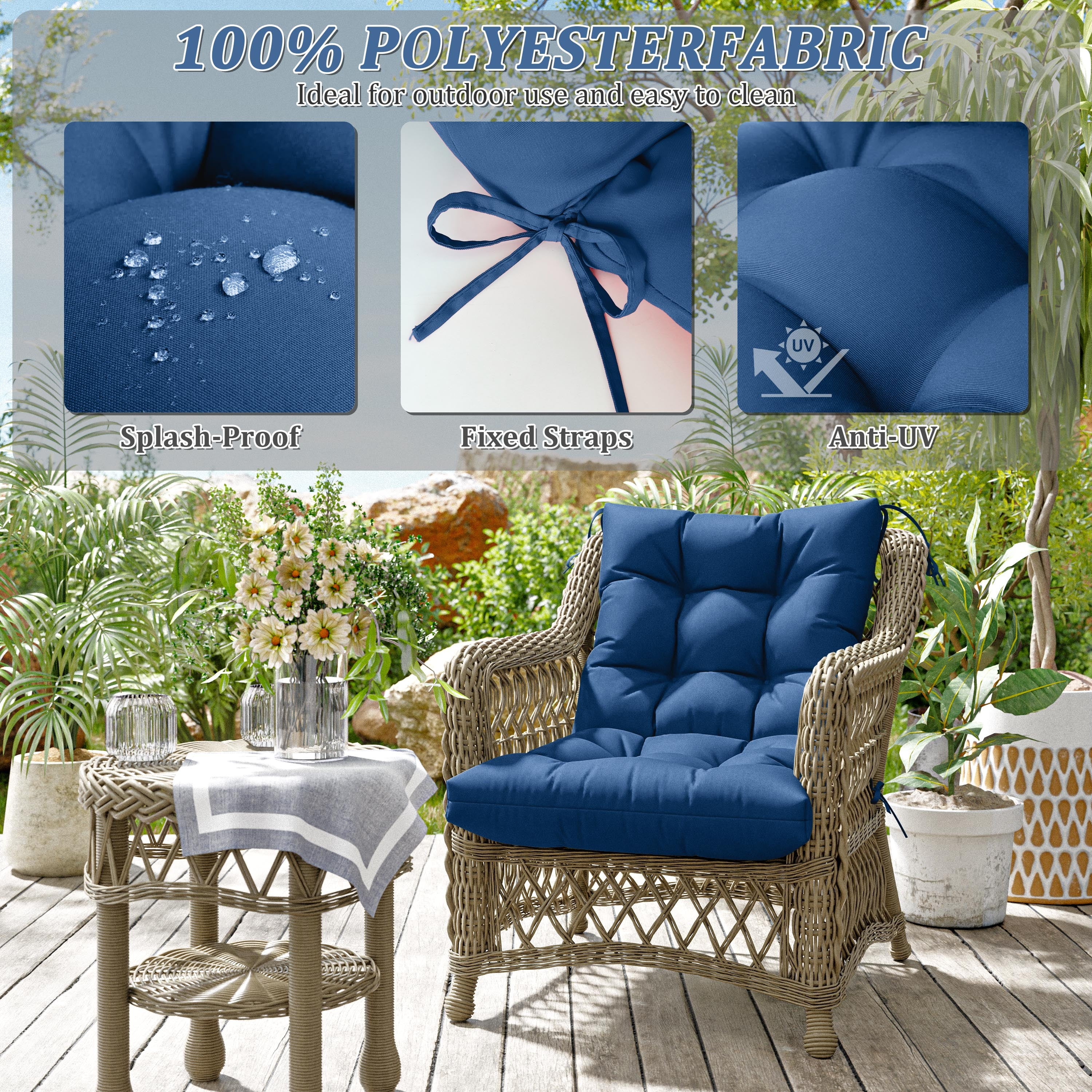 Snubbull Swing Cushions Set of 2, 42" × 21" × 5" Waterproof Rocking Chair Cushions with Ties for Outdoor Indoor Single Seat Cushions, Blue