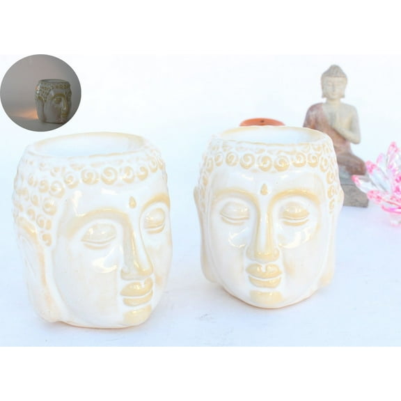 2 White Pcs Aromatherapy Essential Oil Burner Warmer Ceramic Tea Light Holder Peaceful Buddha Shakyamuni Design