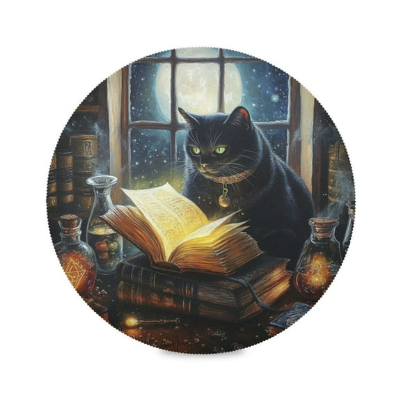 WOBOGO Black Cat Magic Room Round Placemats Set of 1 Heat Resistant Washable Kitchen Table Decorations 15.4in
