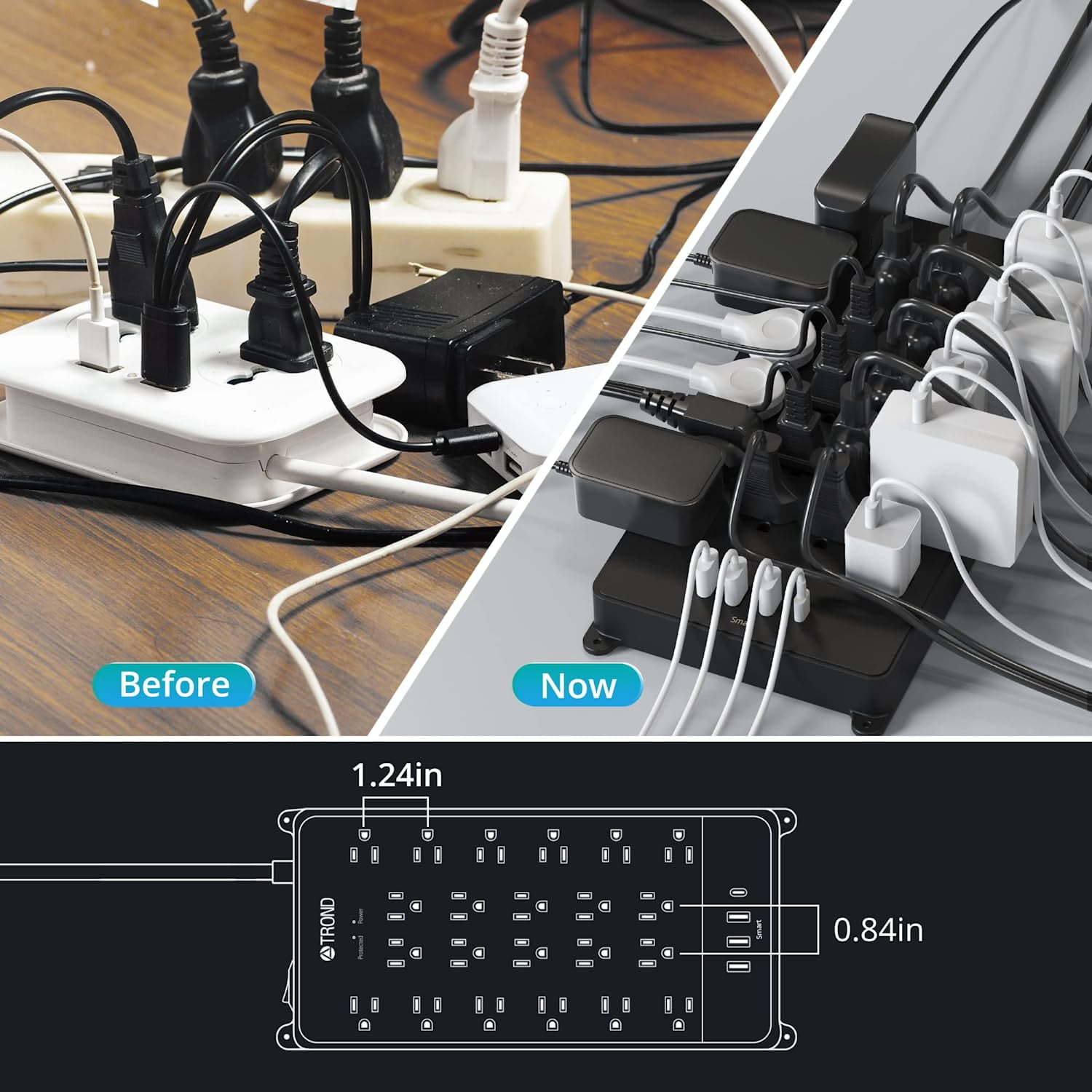 TROND Surge Protector Power Strip with USB C, 10ft Long Extension Cord Multi Plug Outlets, 3 USB-A Ports 1 USB C and 22 AC Outlets 4000J, ETL Listed, Black