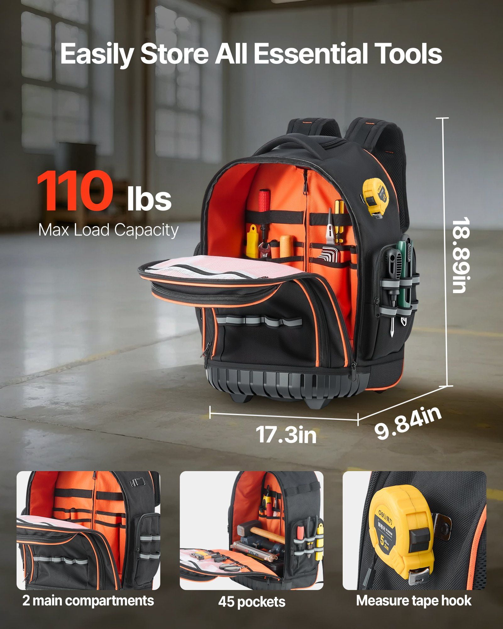 Rolling Tool Backpack 45 Pockets Heavy Duty Roller Tool Bag on Wheels