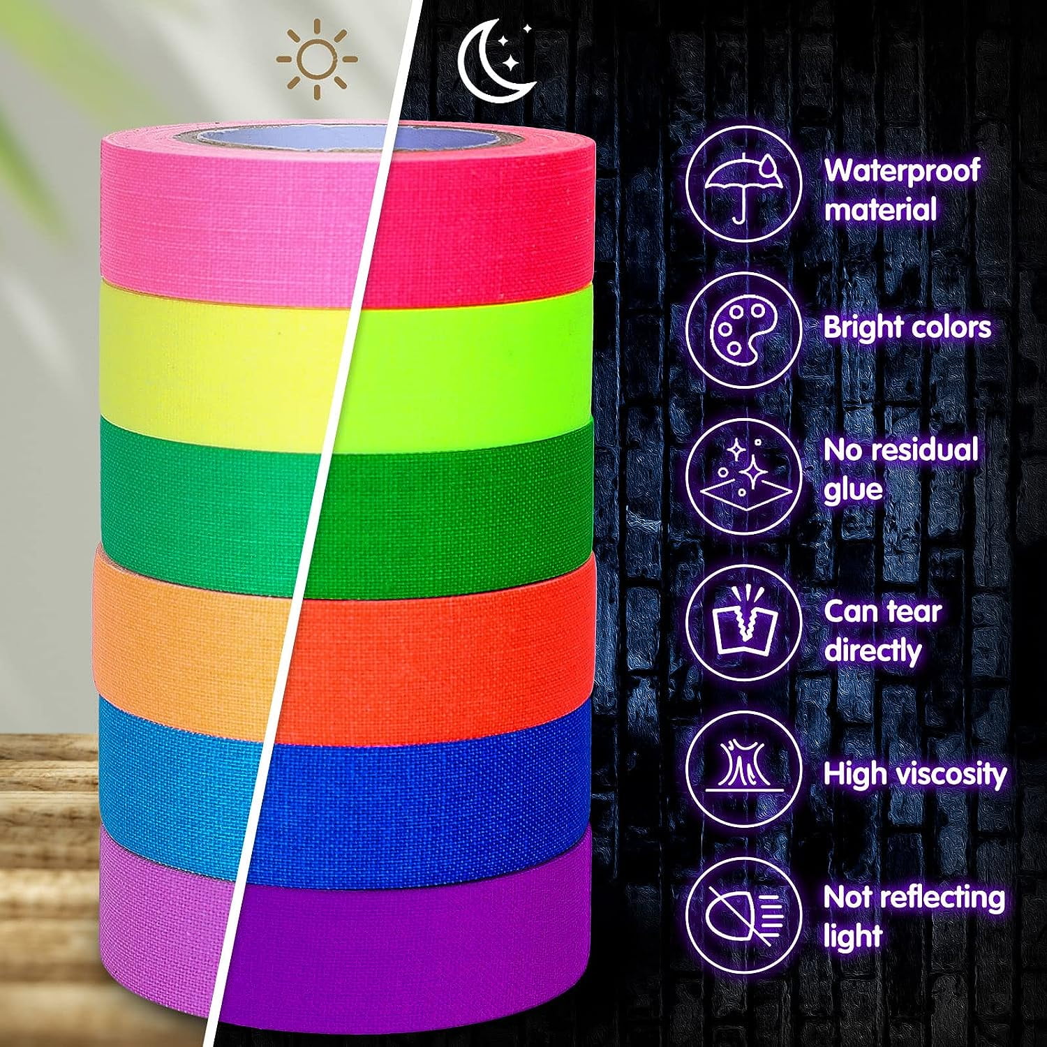 6 Rolls Fluorescent Cloth Tape, Luminous Neon Gaffer Tapes, Self Adhesive  Uv Blacklight Reactive Spike Tape Glow In The Dark