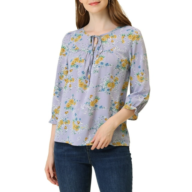 INSPIRAR CHIC Blusa Bohemia para Mujeres con Estampado Floral, Cuello con Lazo, Manga 3/4, Tops Casuales XL Color Púrpura Claro