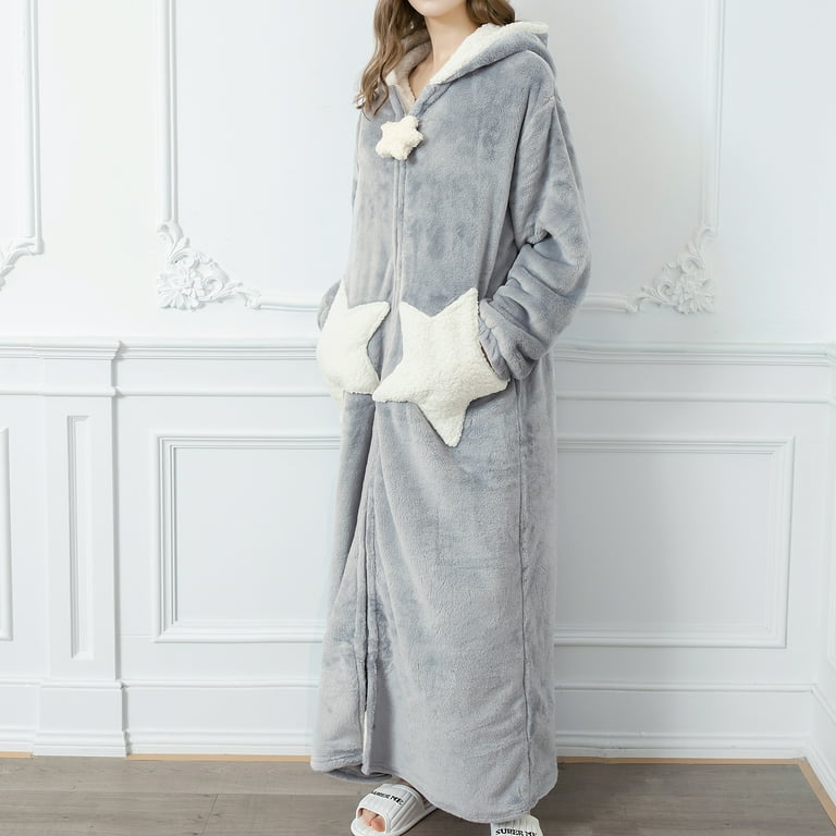 Homgro Women s Sherpa Fleece Robe House Coat Hoodie Flannel Fuzzy Oversized Thick Winter Warm Star Pockets Long Sleeve Soft Housecoat Bathrobe Full