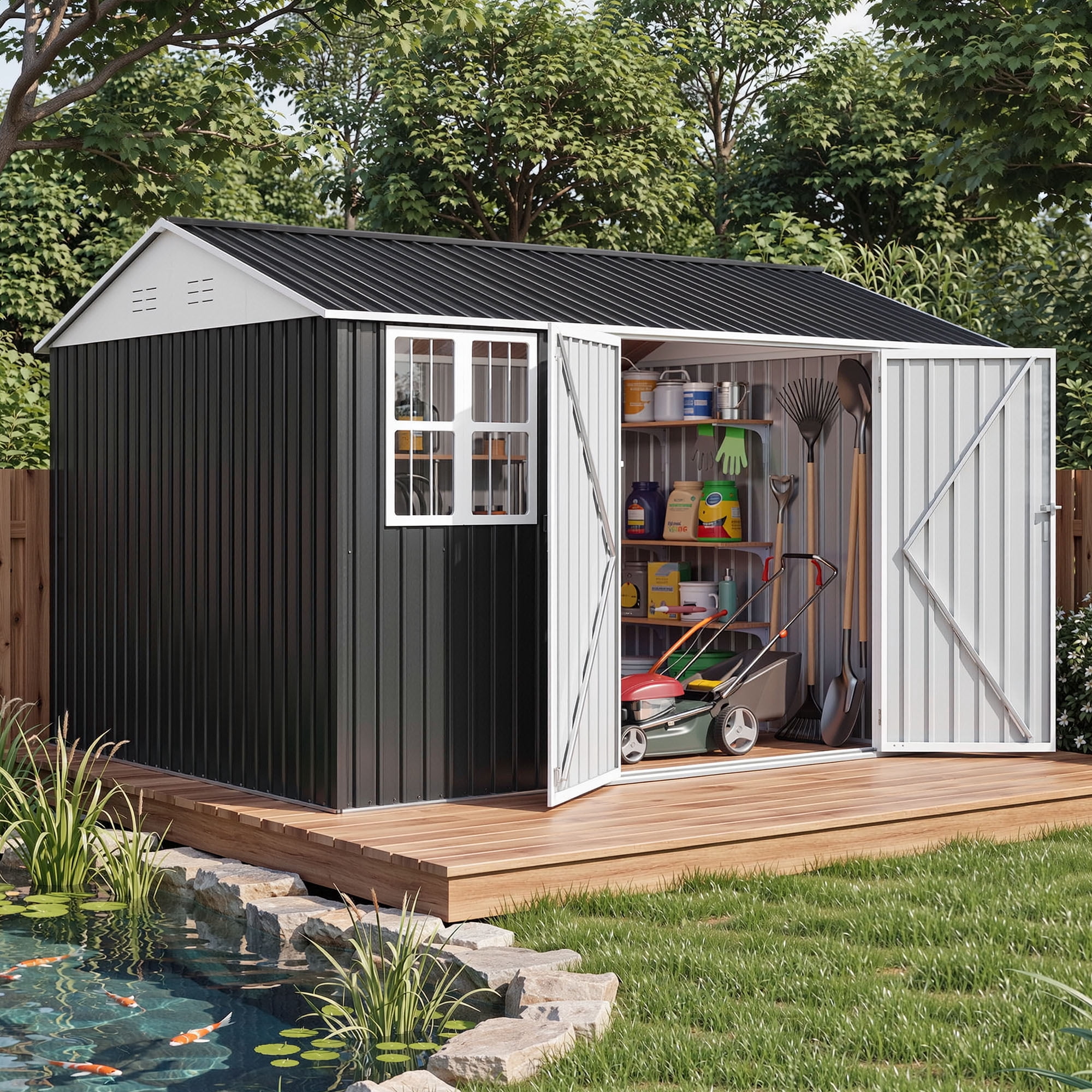 Uforic Metal Outdoor Storage Shed, 10x10ft Steel Tool Shed with Window, Lockable Door and Sloped Roof, for Backyard Patio Garage Lawn, Gray and White