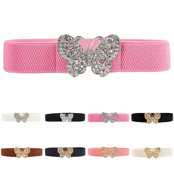Siminsem Statement Buckle Belt for Women Vintage Retro Elastic Stretch Waist Belt Butterfly Design Wide PU Leather Belt for Jeans Dresses Pants One Size Fashion Accessory,Pink,One Size