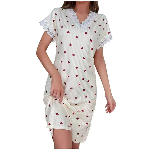 ZyeKqe Valentine's Day Nightgowns for Women Lace Trim Pajamas Dress Short Sleeve V Neck Nightgown Long Sleep Gowns Sleepwear