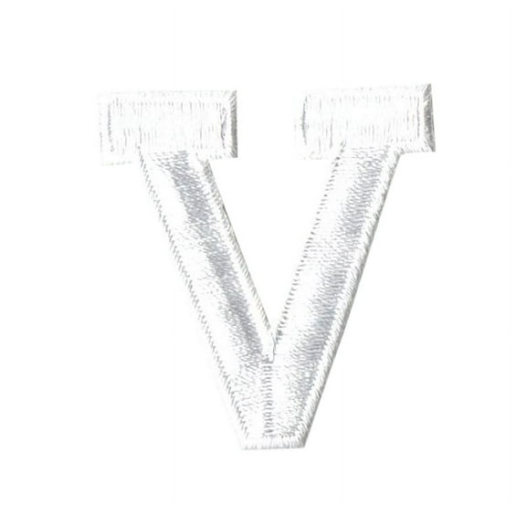 Alphabet Letter - V - Color White - 2" Block Style - Iron On Embroidered Applique Patch