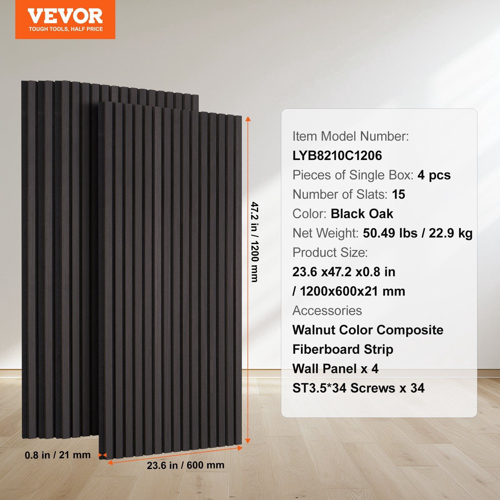 Soundproof Wood Slat Panel 23.6"x47.2" - Black Oak Modern Wall Design