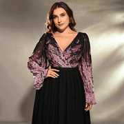 AURA Womens Plus Size V Neck Evening Dress Long Sleeve A Line Maxi Party Birthday Formal Gown