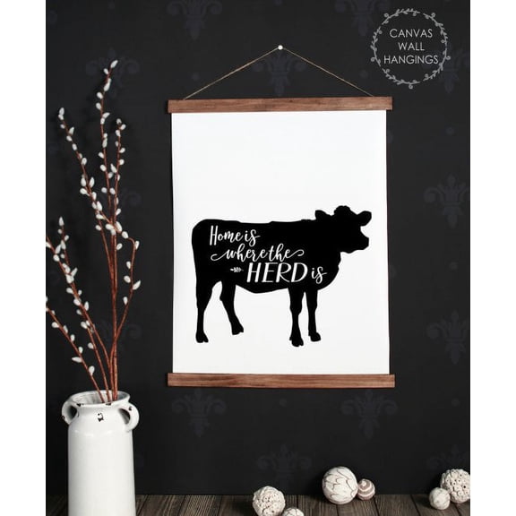 Wood & Hanging Canvas Wall Art, Home Where Herd Is Cow Farm Home DƩcor Large 19x24-Inch