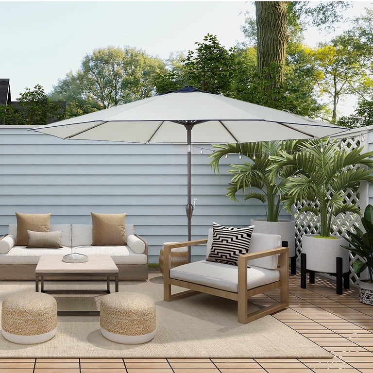 11-ft greige solar powered crank cantilever patio umbrella with base PolyTEAK Outdoor Patio Umbrella, Fade Resistant Outdoor Umbrella with Easy  Open Crank and Push Button Tilt Mechanism, (11FT, Beige Navy)