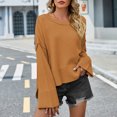 thumbnail image 2 of Pullover Crewneck Knit Cropped Sweaters Women Fashion Bell Long Sleeve Solid Color Loose Pullover Crop Tops (XL, Yellow), 2 of 6
