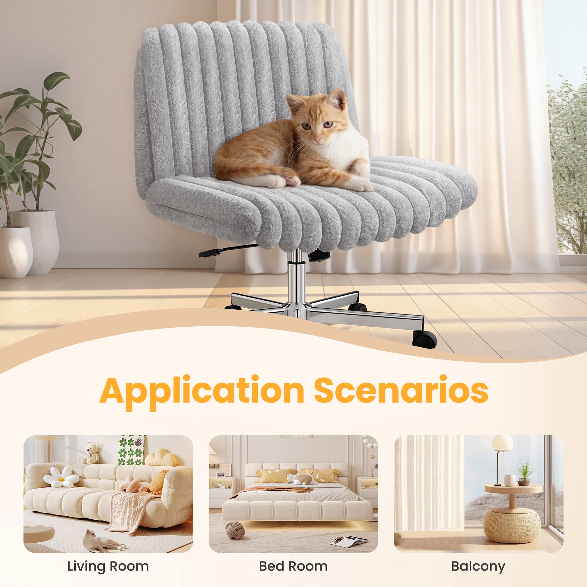 COOLHUT Office Chair Armless Criss Cross Legged Chair with Wheels, Teddy Fabric Comfy Home Office Desk Chairs, Wide Seat Vanity Task Computer Chair, Beige